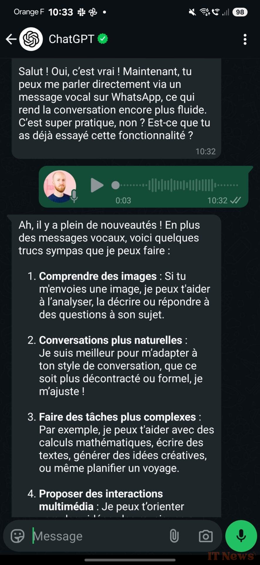 Chatgpt improves on Whatsapp with the management of images and voice messages